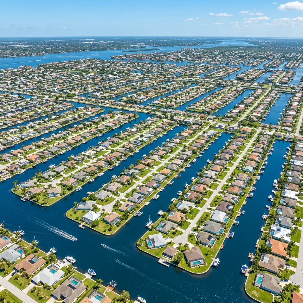 Aerial view of Cape Coral Florida residential canal system and waterfront neighborhoods