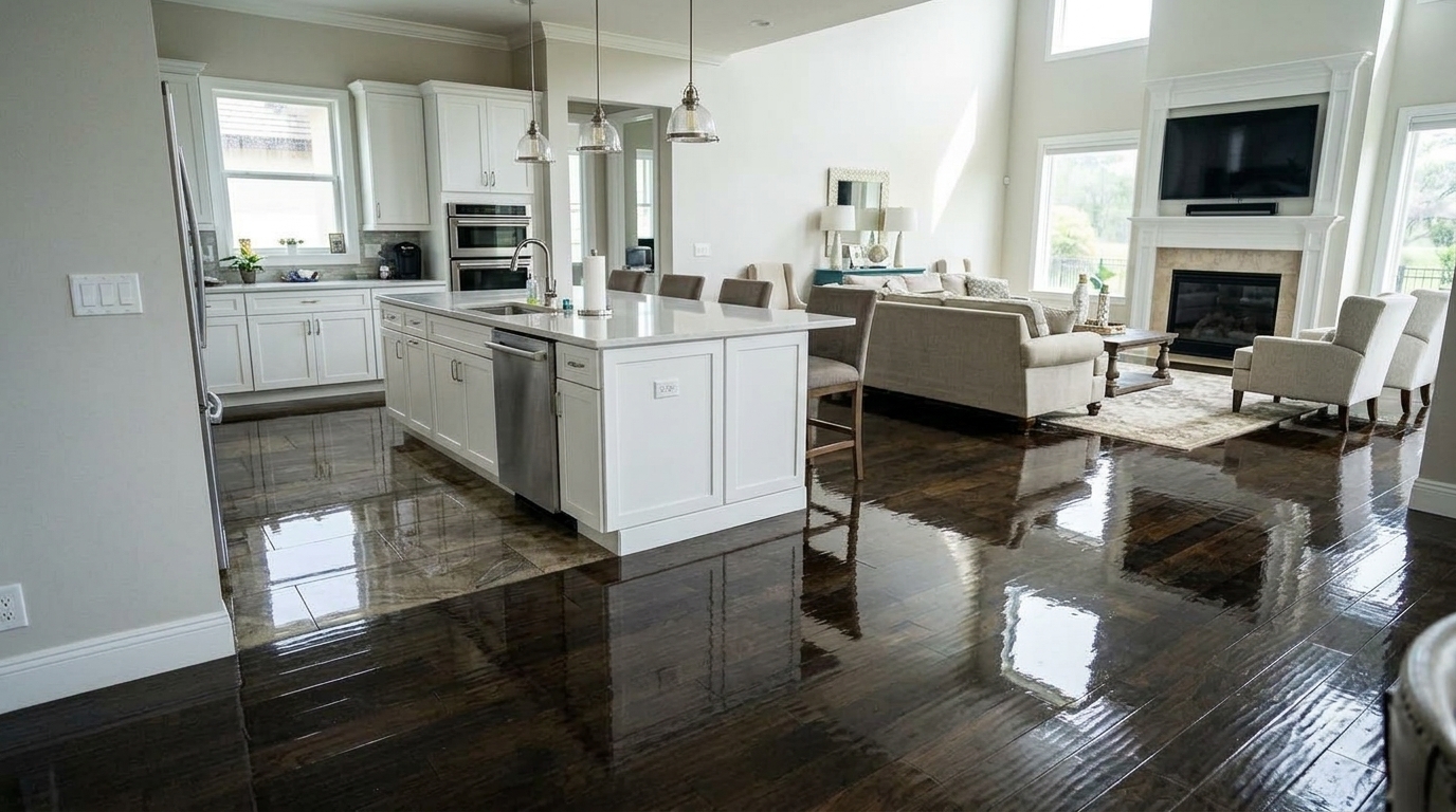 After: Fully restored living space and kitchen with moisture levels certified normal