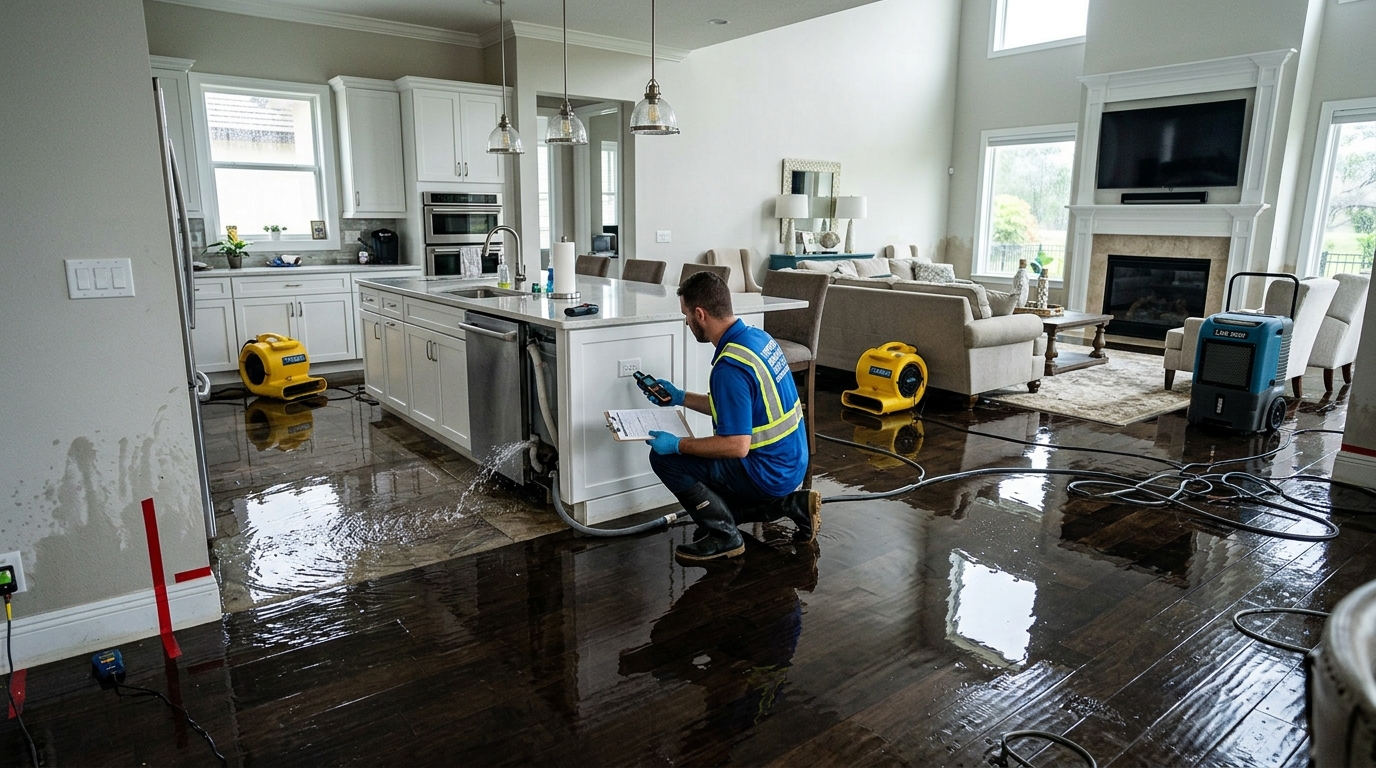 Before: Emergency water damage with 3 inches of standing water across living room in Cape Coral