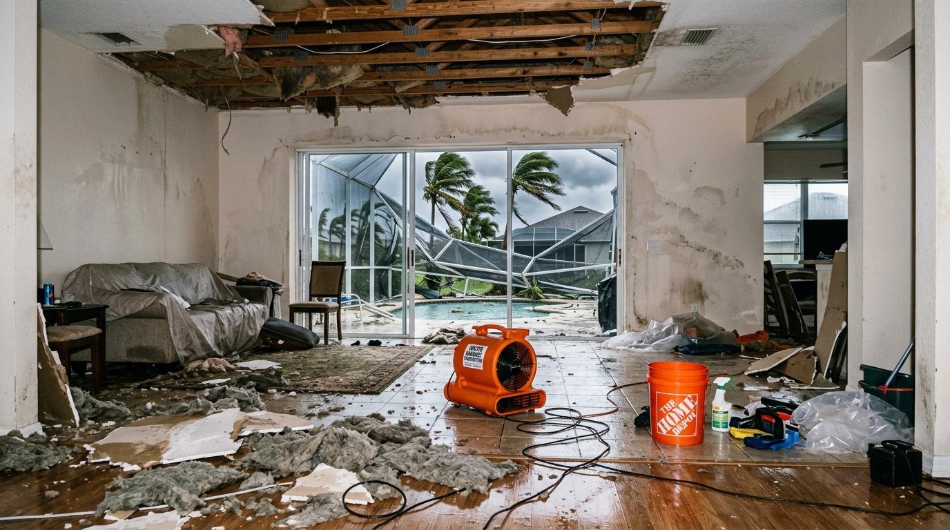 Before: Hurricane wind damage and collapsed ceiling in Cape Coral home