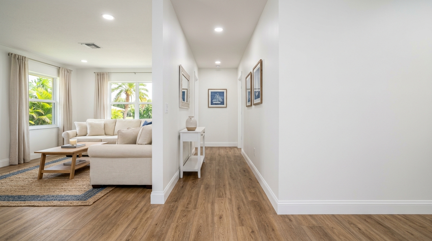 After: Completely restored living room and hallway in Cape Coral