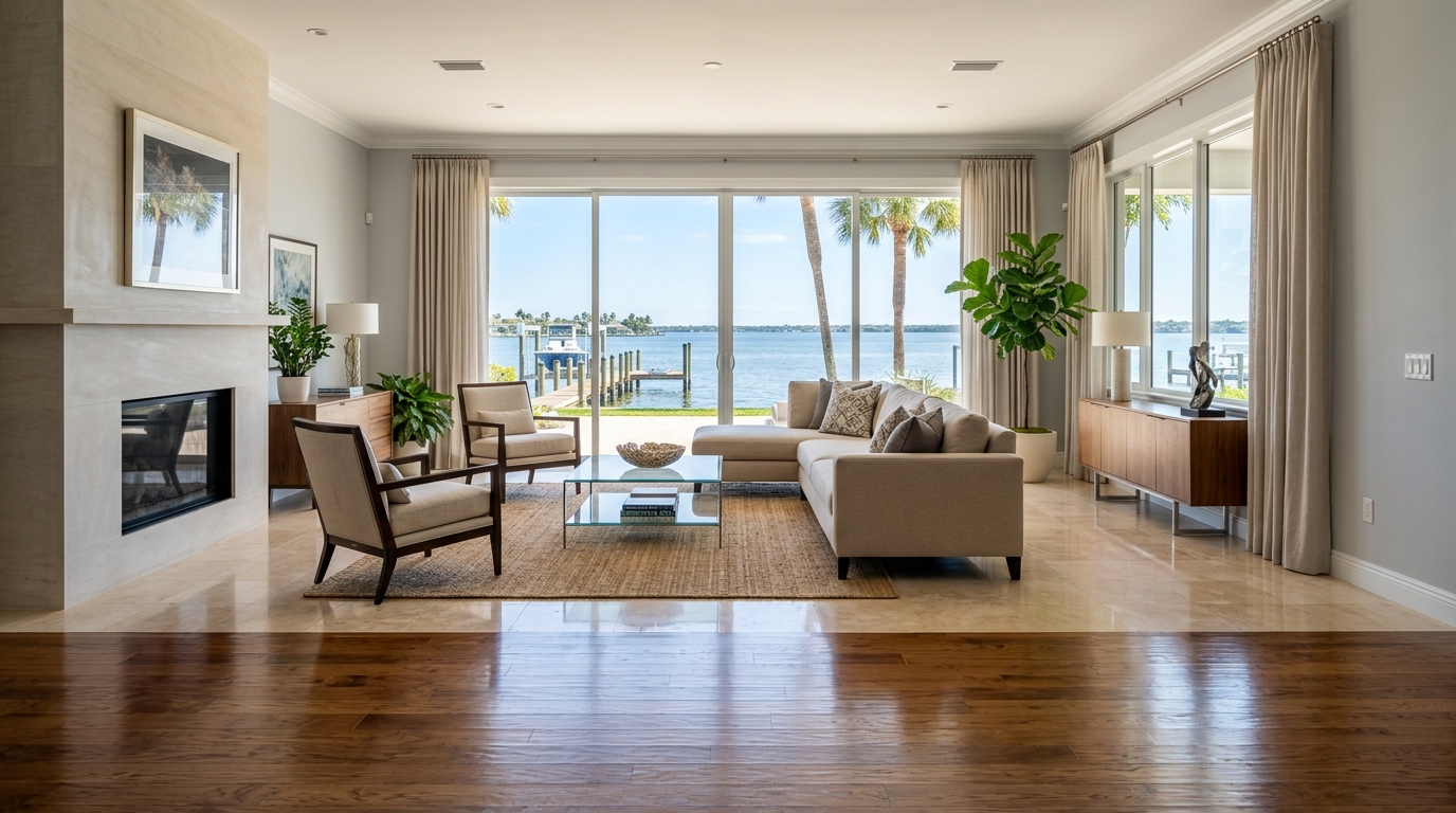 After: Fully restored, dry luxury living room with gleaming hardwood and travertine flooring