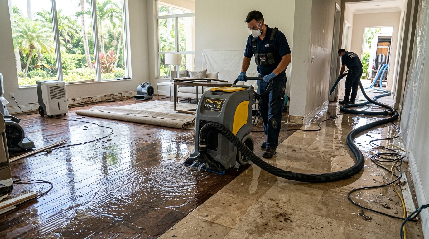 Before: Commercial Phoenix Hydro-X weighted water extractor removing standing water from luxury hardwood floor in Cape Coral
