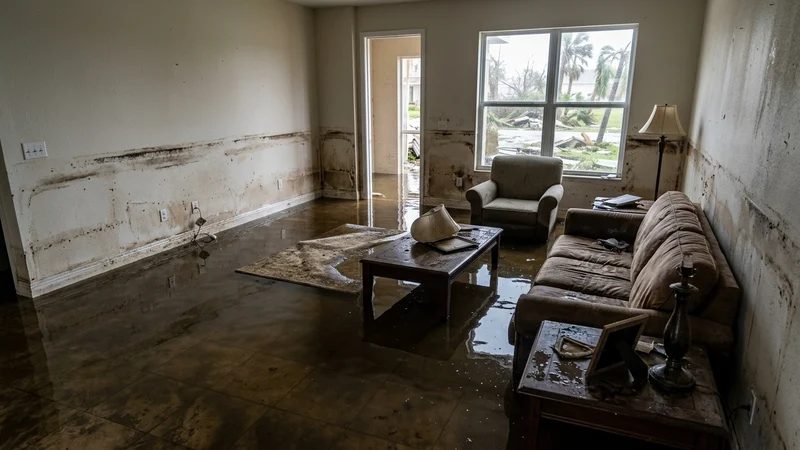 Dangerous standing floodwater and storm surge in coastal residential area Cape Coral FL