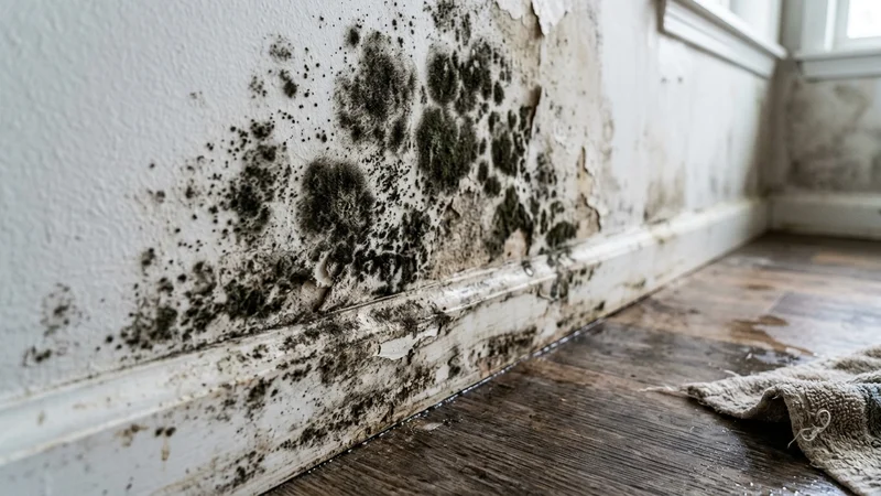 Visual inspection of toxic mold colonies on drywall behind baseboards in humid Florida home