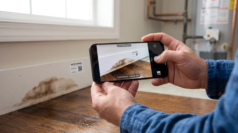 Homeowner using smartphone to photograph water damage and moisture lines for insurance claim