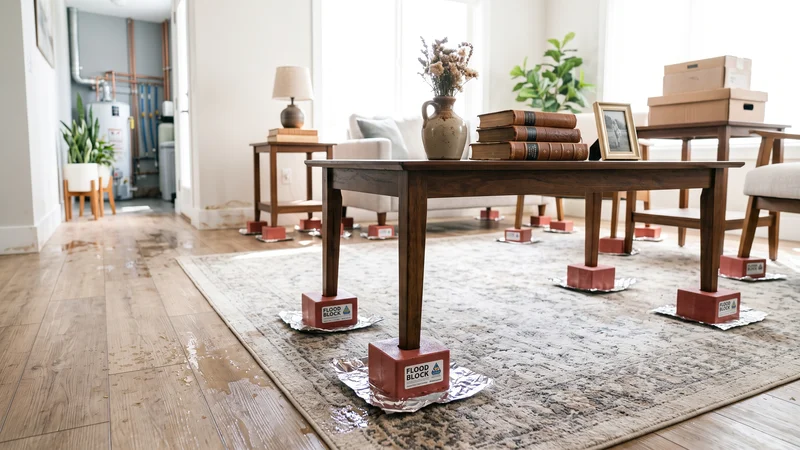 Elevating furniture and electronics above wet flooring to prevent water staining and damage