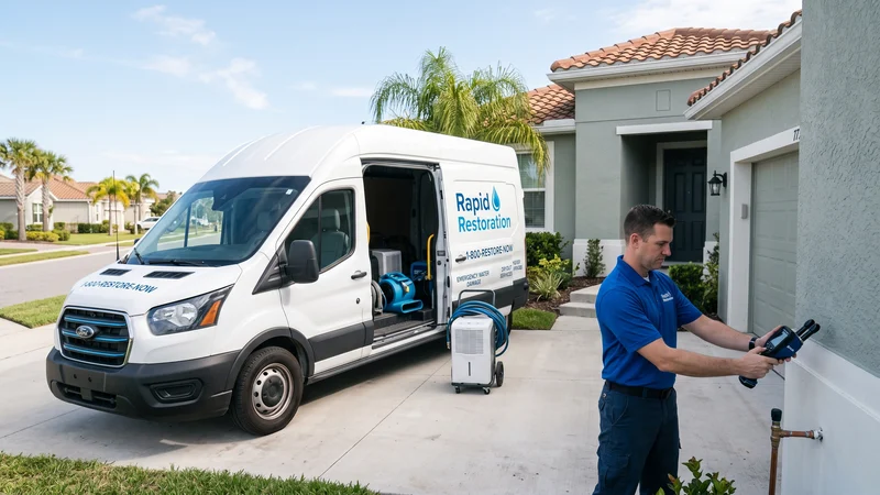 Rapid Restoration Group emergency response truck and certified technicians arriving on site