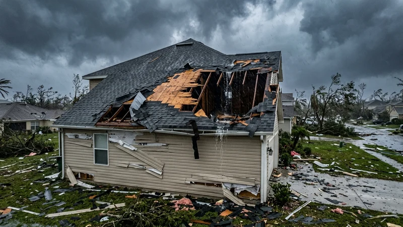 Severe Florida storm wind and rain damage to residential roof and home exterior
